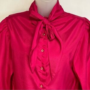 Vintage Tie Neck Blouse Top Size‎ M Button Up Long Sleeve Bow Hot Pink 90…